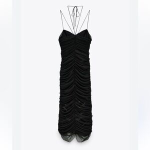 Zara Draped Tulle Limited Edition Black Ruched Strappy Midi Dress | M
